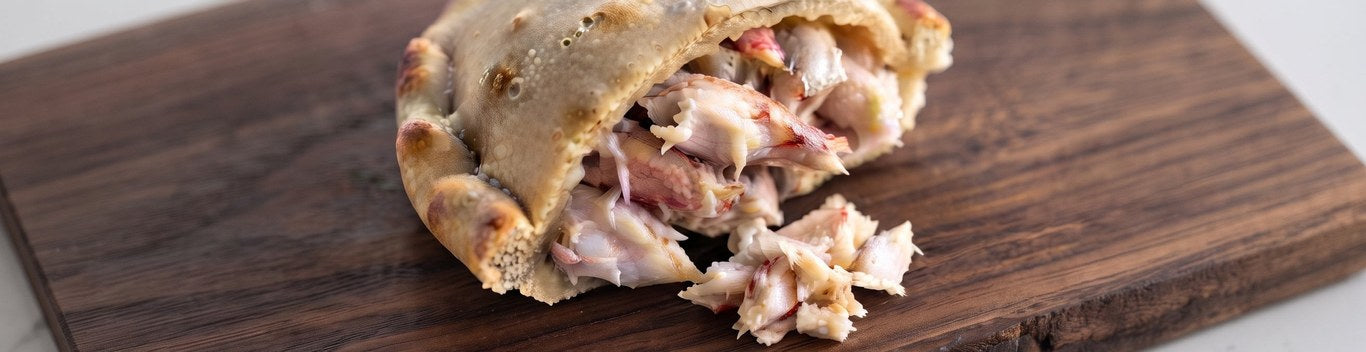 Empanada de centollón abierta sobre tabla de madera
