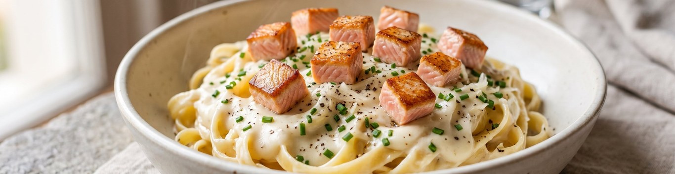 Fettuccine en salsa bechamel con cubos de salmón sellados