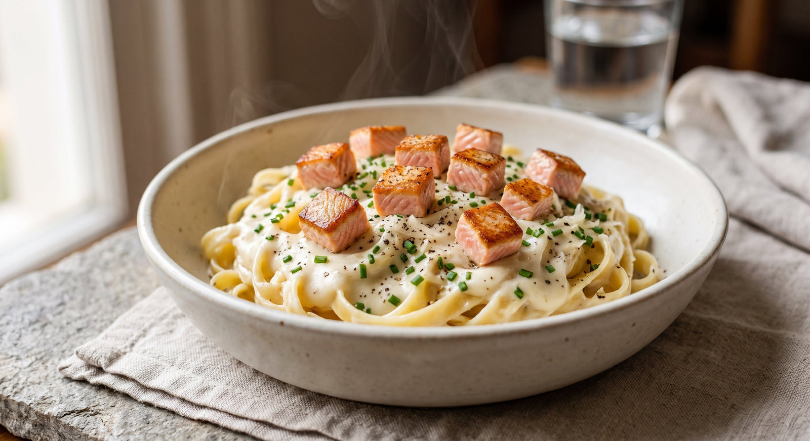 Fettuccine en salsa bechamel con cubos de salmón