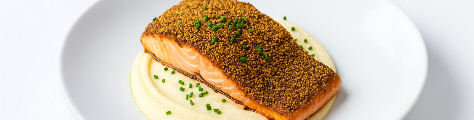 Salmón South Wind con costra de semillas y puré de coliflor trufado